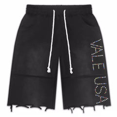 Vale Forever Rhinestone Letter Distressed Frayed Black Shorts