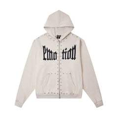 Mixed Emotion Beige Studded Gothic Zip Up Hoodie