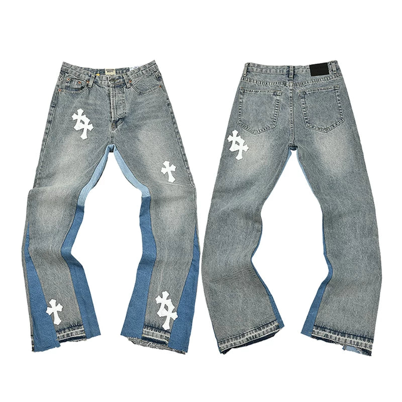 GALLERY DEPT WHITE CROSS PATCH SPLIT FLARE DENIM JEANS VINTAGE WASH