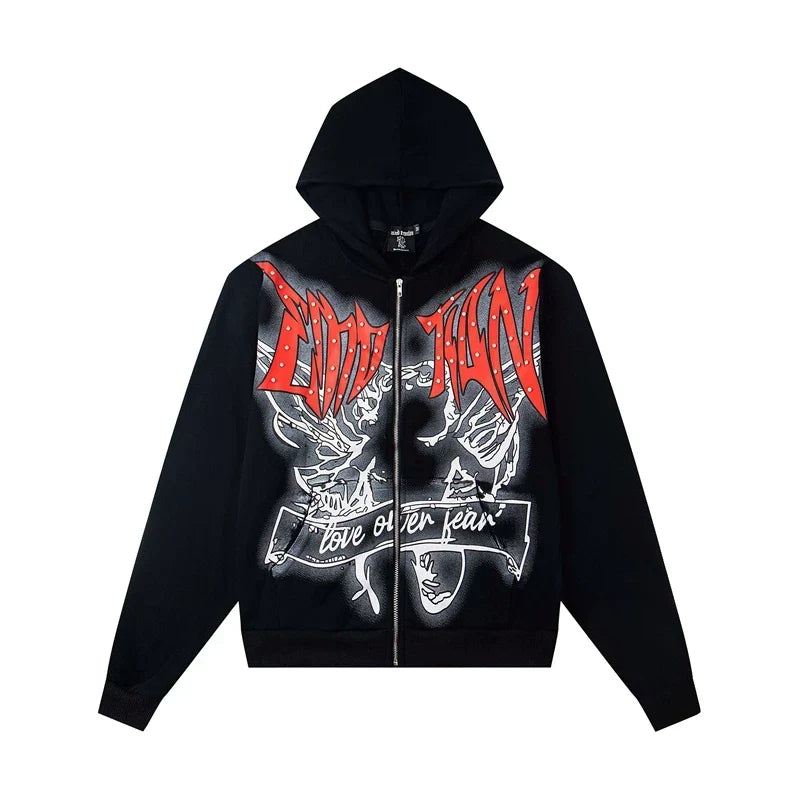 Mixed Emotion Black Red Gothic Wing Graphic Zip Up Hoodie