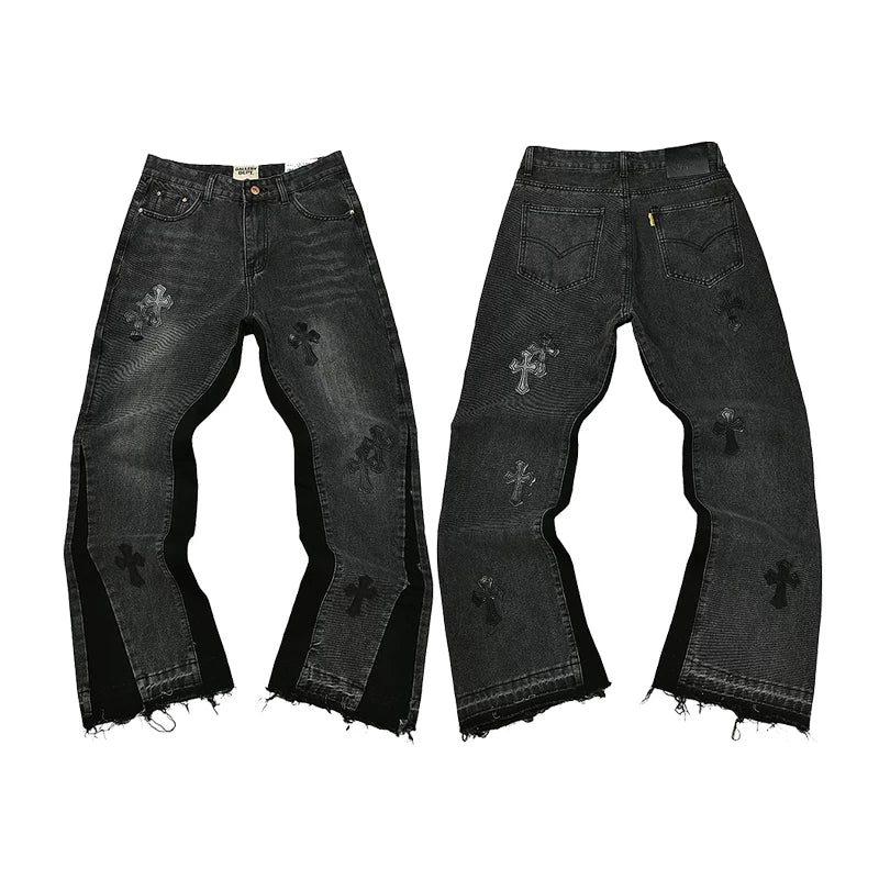 GALLERY DEPT BLACK CROSS PATCH SPLIT FLARE DENIM JEANS BLACK WASH