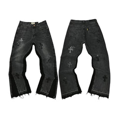 GALLERY DEPT BLACK CROSS PATCH SPLIT FLARE DENIM JEANS BLACK WASH
