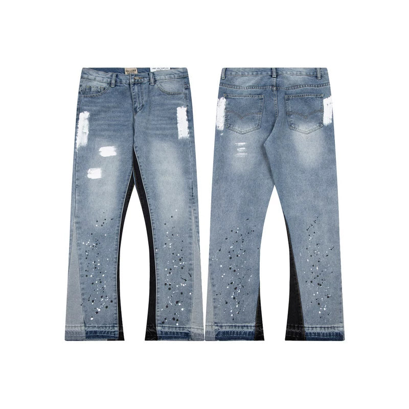 GALLERY DEPT PAINT SPLATTER SIDE PANEL SPLIT FLARE DENIM JEANS LIGHT WASH