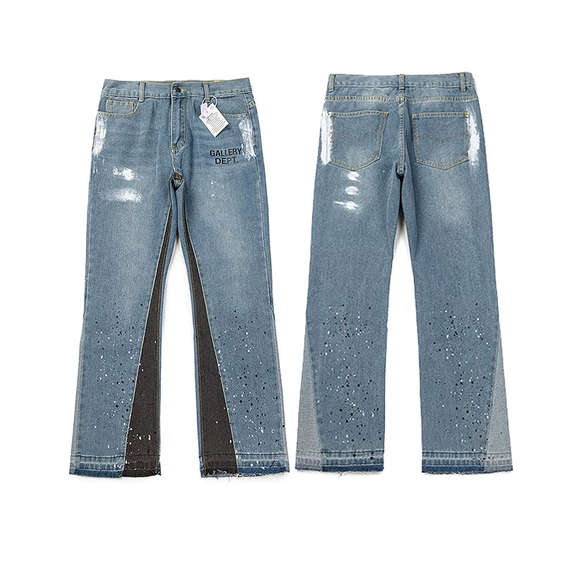 GALLERY DEPT LOGO PRINT PAINT SPLATTER SPLIT FLARE DENIM JEANS LIGHT WASH