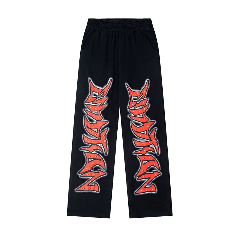 Mixed Emotion Black Red Gothic Graphic Wide Leg Sweatpants