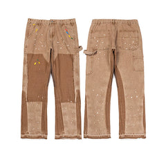 GALLERY DEPT BROWN CARPENTER PATCHWORK PAINT SPLATTER FLARE PANTS