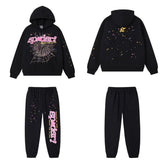 SP5DER Web Graphic Pullover Hoodie and Sweatpants Matching Set - Black / Pink