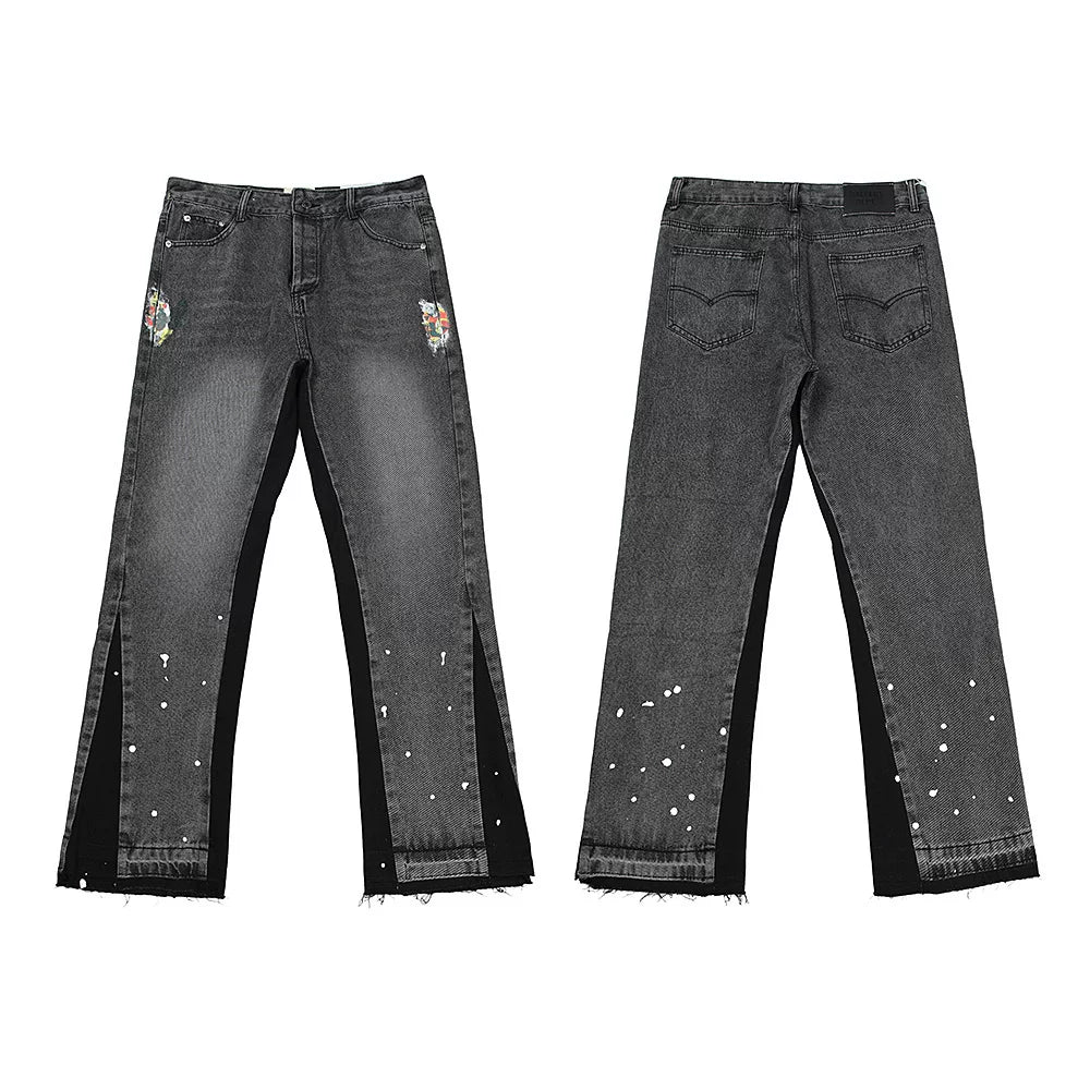 GALLERY DEPT SPLIT FLARE PAINT SPLATTER DENIM JEANS BLACK WASH