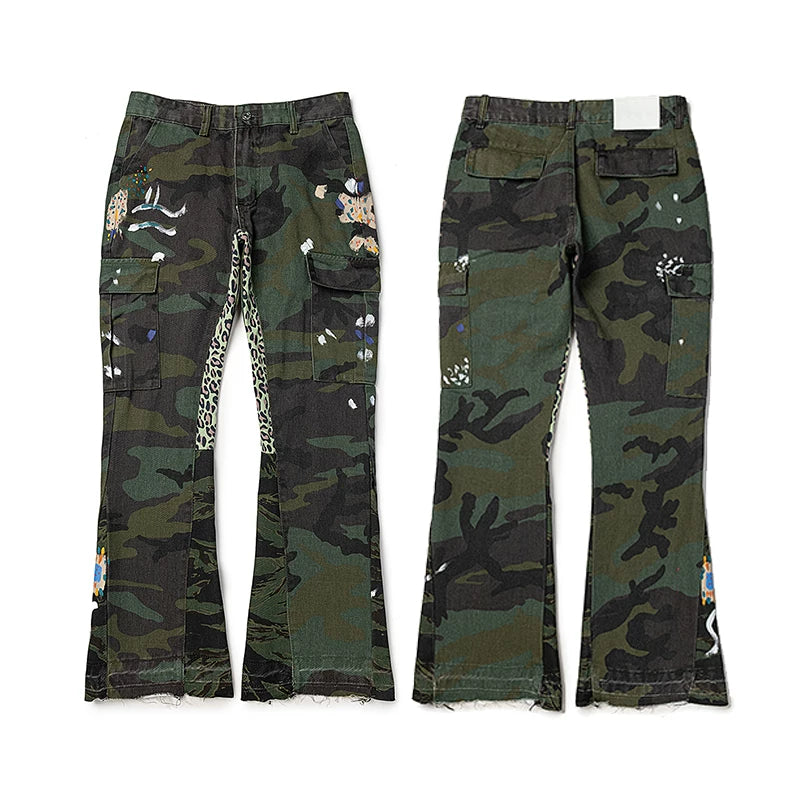 GALLERY DEPT CAMO CARGO LEOPARD PATCH PAINT FLARE PANTS