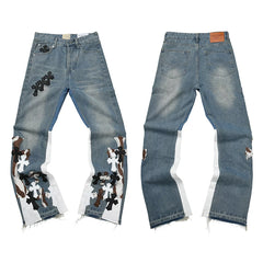 GALLERY DEPT CROSS PATCH SPLIT FLARE DENIM JEANS LIGHT BLUE WASH
