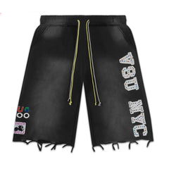Vale Forever Distressed Frayed Hem Washed Black Graphic Sweat Shorts