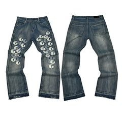 GALLERY DEPT CHAIN LINK PATCH FLARE DENIM JEANS VINTAGE BLUE WASH