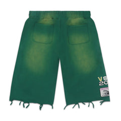 Vale Forever Distressed Frayed Hem Washed Green Graphic Sweat Shorts