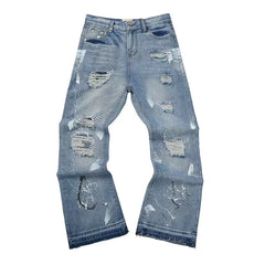 GALLERY DEPT RIPPED DISTRESSED SCRIBBLE PAINT FLARE DENIM JEANS LIGHT BLUE