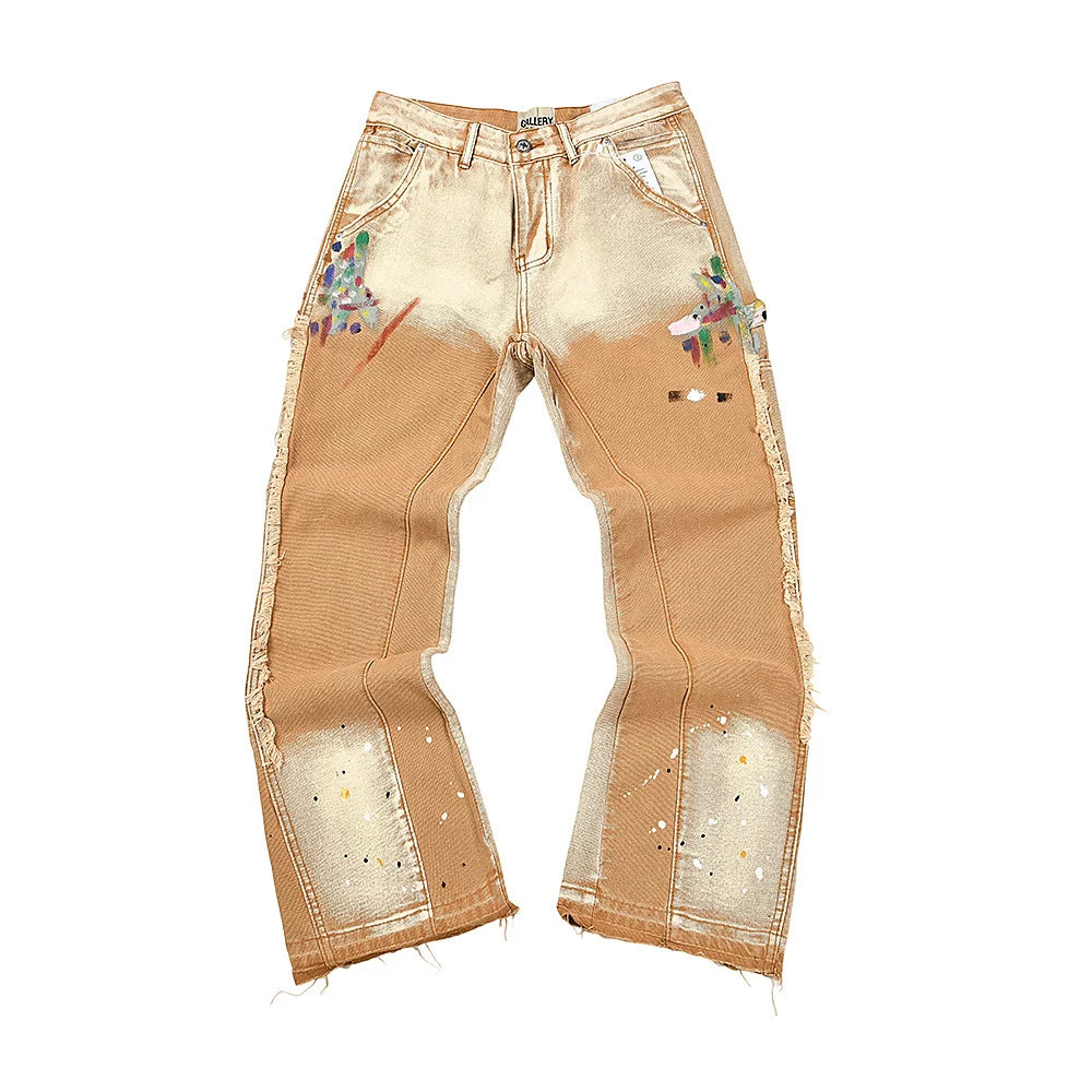 GALLERY DEPT PAINT SPLATTER RECONSTRUCTED FLARE DENIM JEANS TAN WASH