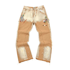GALLERY DEPT PAINT SPLATTER RECONSTRUCTED FLARE DENIM JEANS TAN WASH