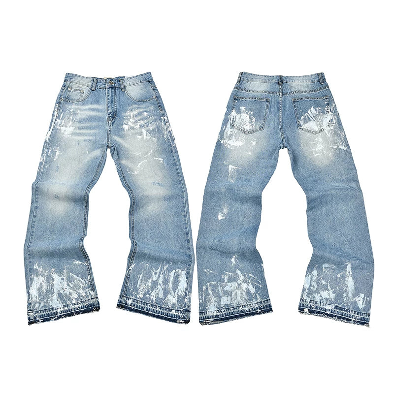 GALLERY DEPT HEAVY BRUSHED WHITE PAINT FLARE DENIM JEANS LIGHT WASH