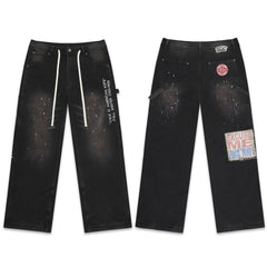 Vale Forever Black Paint Splatter Patchwork Cargo Wide Leg Jeans