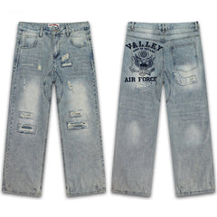 Vale Forever Light Blue Distressed Air Force Graphic Wide Leg Jeans