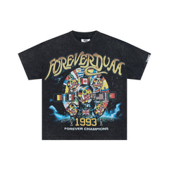 DUAA Washed Black 1993 Forever Champions World Flag Oversized T‑Shirt