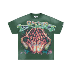 DUAA PRAYING HANDS RHINESTONE GREEN VINTAGE WASH T‑SHIRT