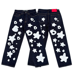 Sp5der white star & number 6 print raw indigo baggy denim jeans streetwear pants