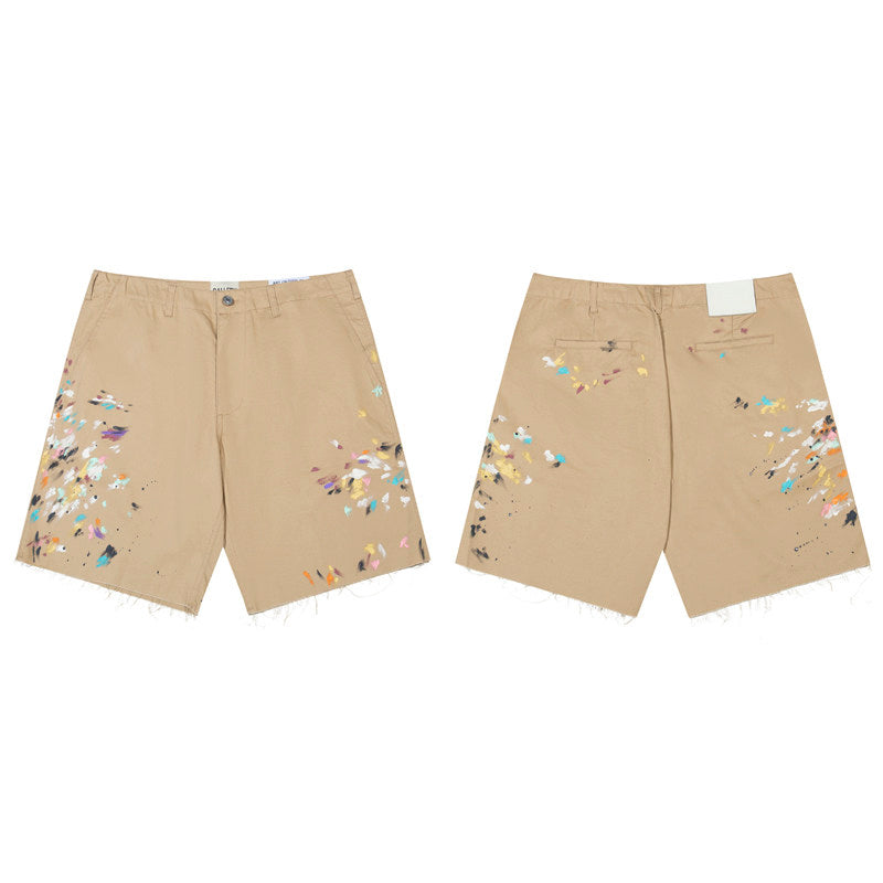 GALLERY DEPT KHAKI PAINT SPLATTER FRAYED HEM CHINO SHORTS