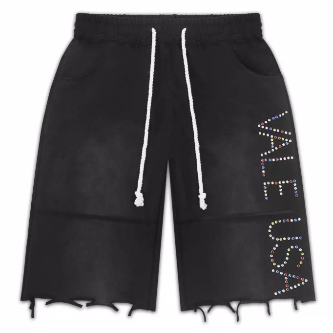 Vale Forever Rhinestone Letter Distressed Frayed Black Shorts