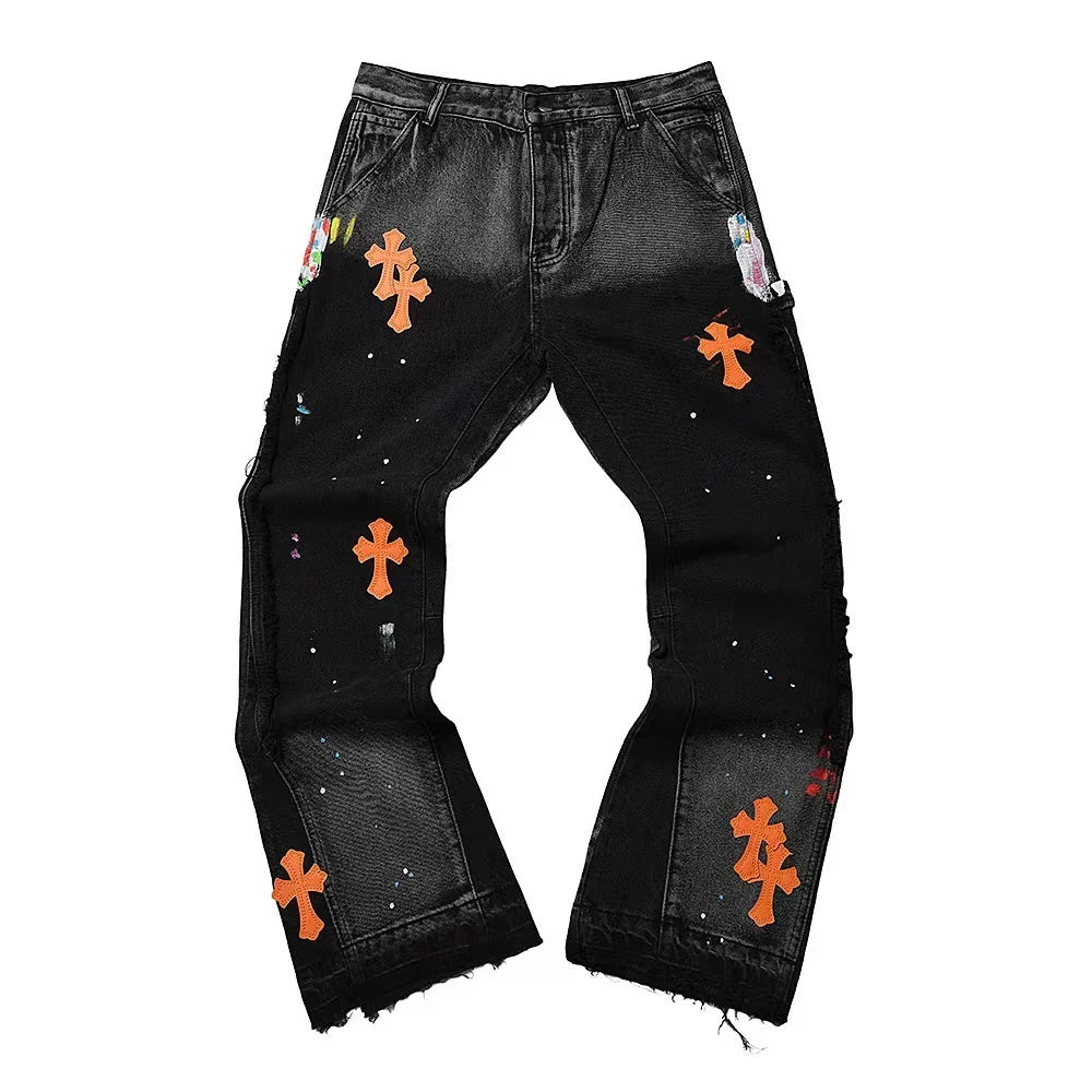 GALLERY DEPT ORANGE CROSS PATCH PAINT SPLATTER FLARE DENIM JEANS BLACK FADE WASH