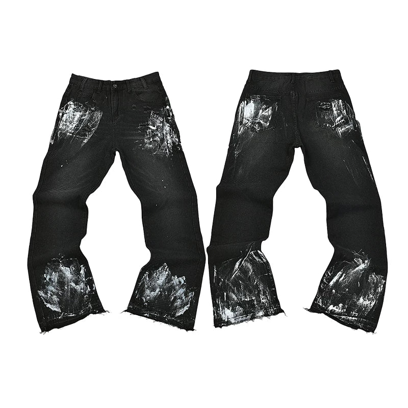 GALLERY DEPT HEAVY WHITE BRUSH PAINT FLARE DENIM JEANS BLACK WASH