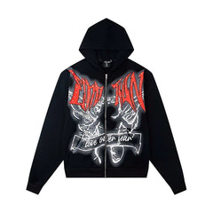Mixed Emotion Black Red Gothic Wing Graphic Zip Up Hoodie