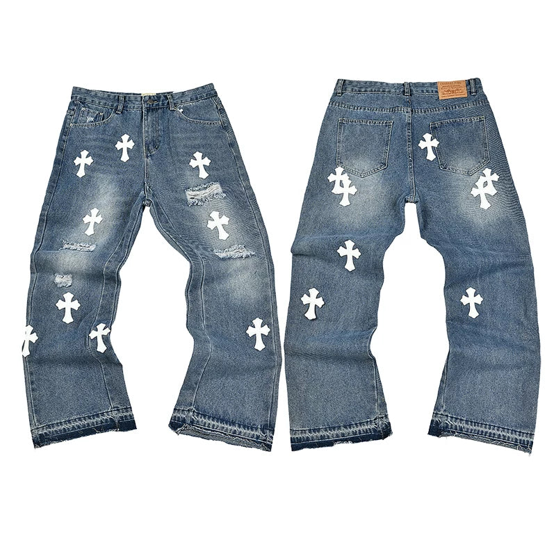 GALLERY DEPT WHITE CROSS PATCH RIPPED DISTRESSED FLARE DENIM JEANS LIGHT WASH