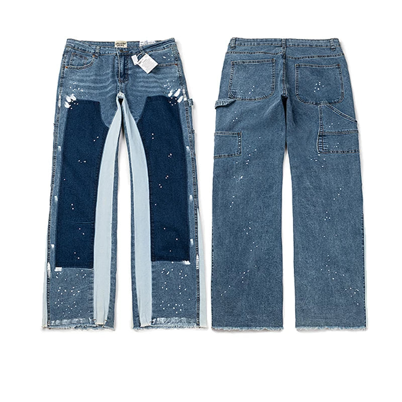 GALLERY DEPT CARPENTER PATCHWORK PAINT SPLATTER FLARE DENIM JEANS MEDIUM WASH