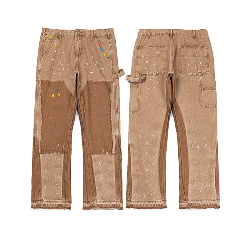 GALLERY DEPT BROWN CARPENTER PATCHWORK PAINT SPLATTER FLARE PANTS