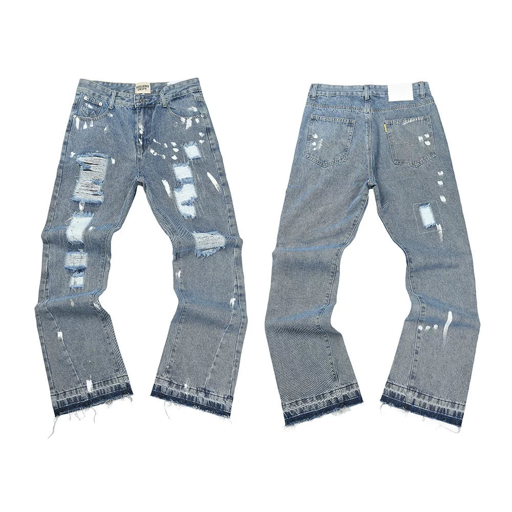 GALLERY DEPT DISTRESSED RIPPED PAINT SPLATTER FLARE DENIM JEANS LIGHT WASH