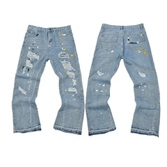 GALLERY DEPT RIPPED DISTRESSED MULTI‑COLOR PAINT SPLATTER FLARE DENIM JEANS LIGHT WASH