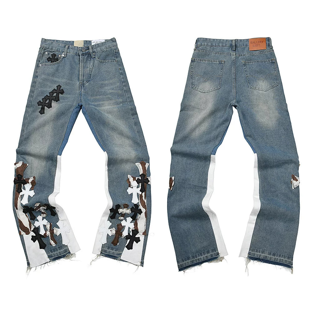 GALLERY DEPT CROSS PATCH SPLIT FLARE DENIM JEANS LIGHT BLUE WASH