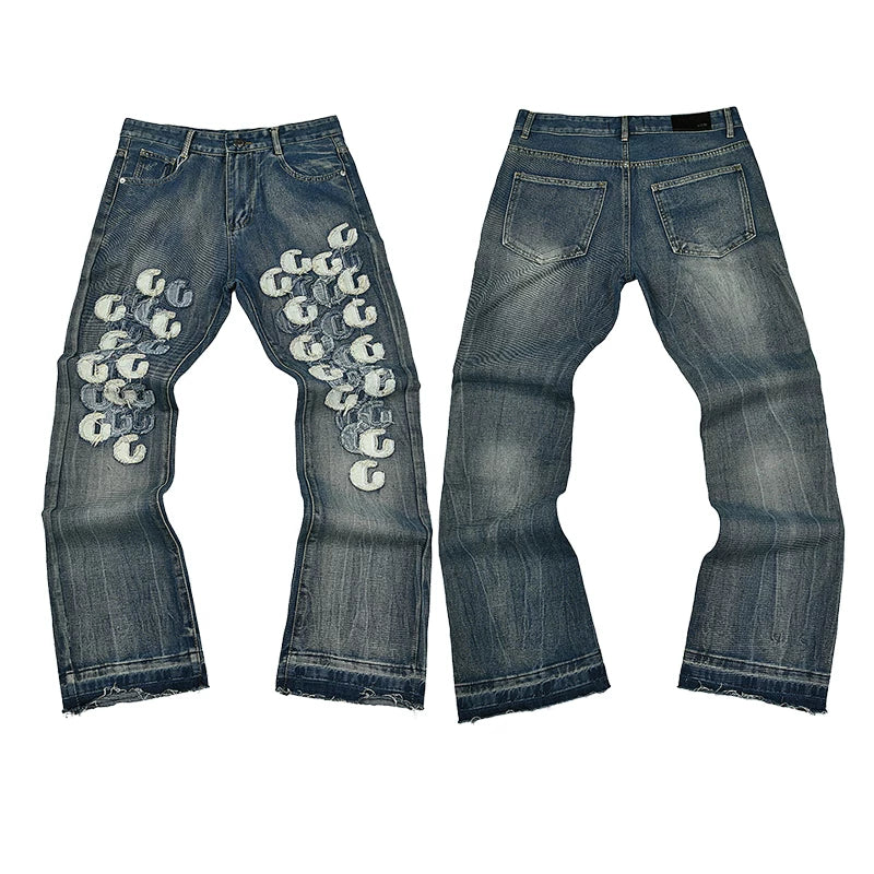 GALLERY DEPT CHAIN LINK PATCH FLARE DENIM JEANS VINTAGE BLUE WASH