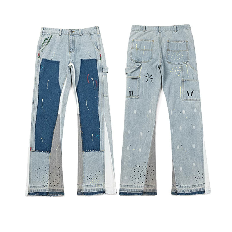 GALLERY DEPT PATCHWORK CARPENTER PAINT SPLATTER SPLIT FLARE DENIM JEANS LIGHT WASH