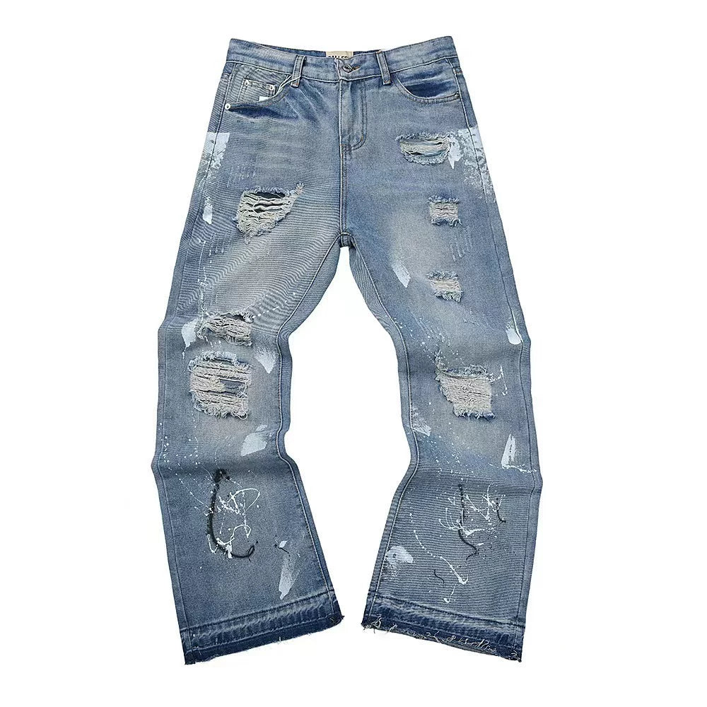 GALLERY DEPT RIPPED DISTRESSED SCRIBBLE PAINT FLARE DENIM JEANS LIGHT BLUE