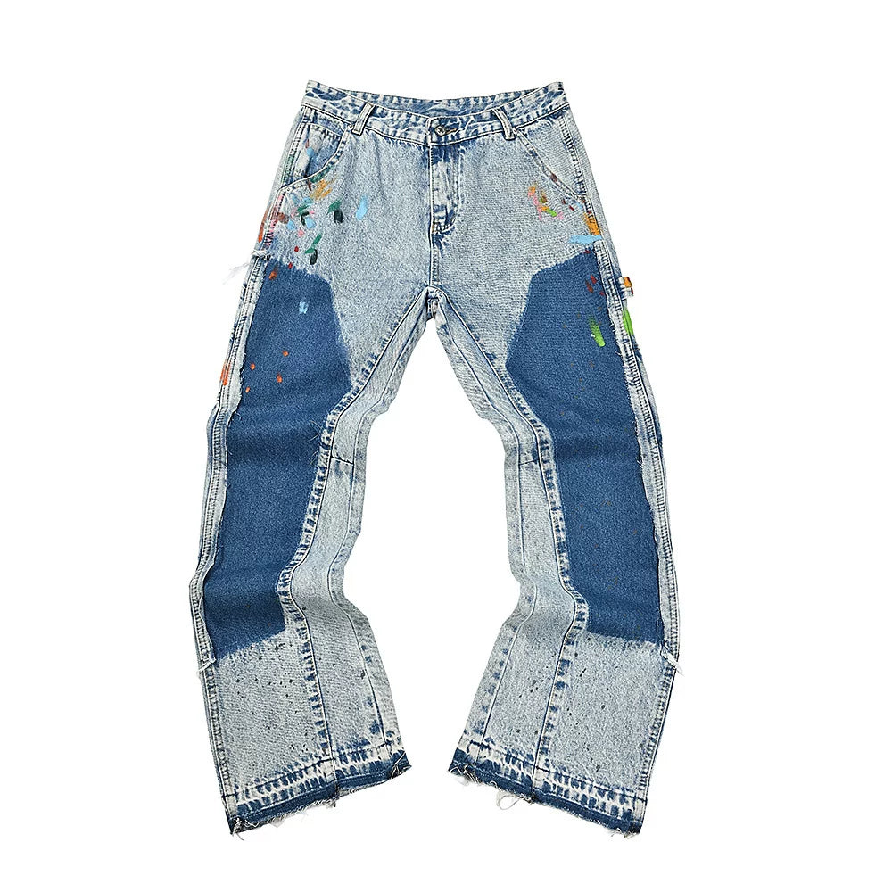 GALLERY DEPT PATCHWORK PAINT SPLATTER FLARE DENIM JEANS BLUE WASH