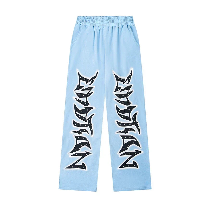 Mixed Emotion Light Blue Gothic Graphic Wide Leg Sweatpants