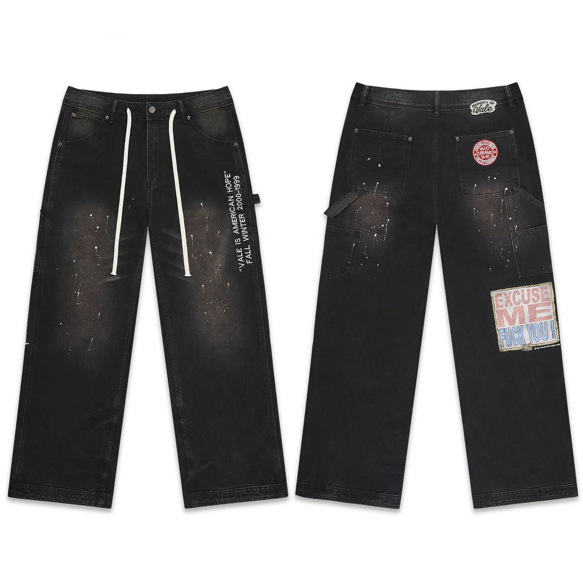 Vale Forever Black Paint Splatter Patchwork Cargo Wide Leg Jeans
