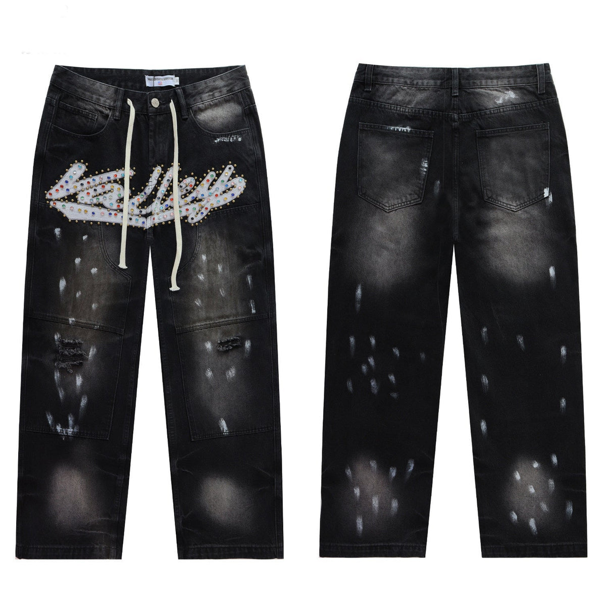 Vale Forever Black Washed Rhinestone Logo Splatter Wide Leg Jeans