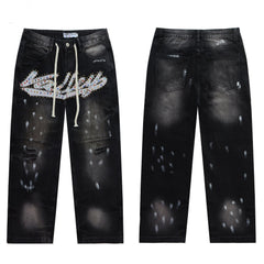 Vale Forever Black Washed Rhinestone Logo Splatter Wide Leg Jeans