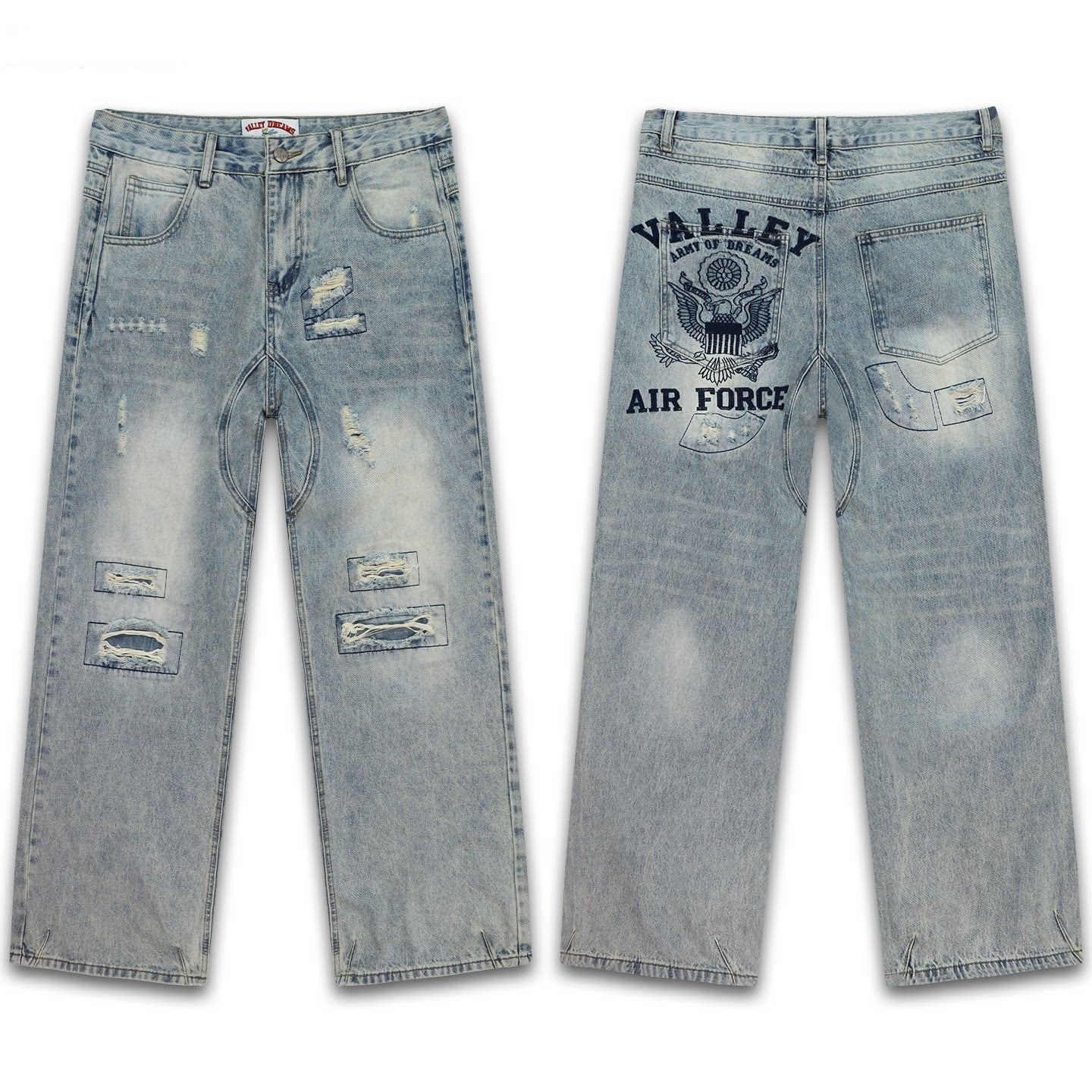 Vale Forever Light Blue Distressed Air Force Graphic Wide Leg Jeans
