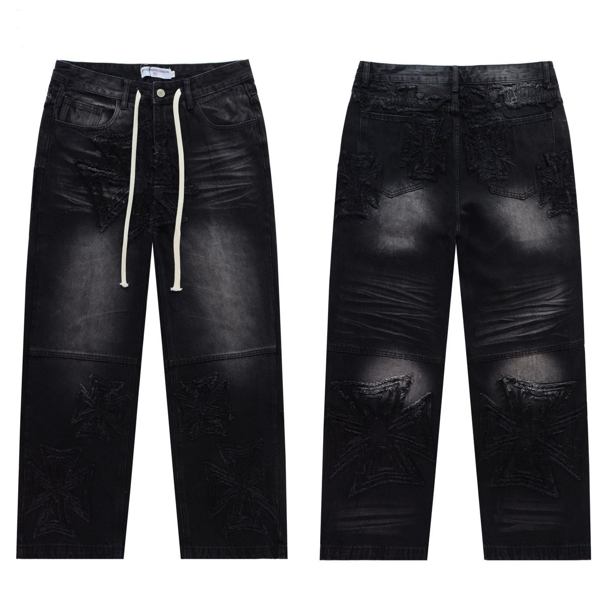 Vale Forever Black Frayed Cross Patch Drawstring Wide Leg Jeans