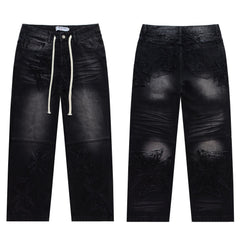 Vale Forever Black Frayed Cross Patch Drawstring Wide Leg Jeans