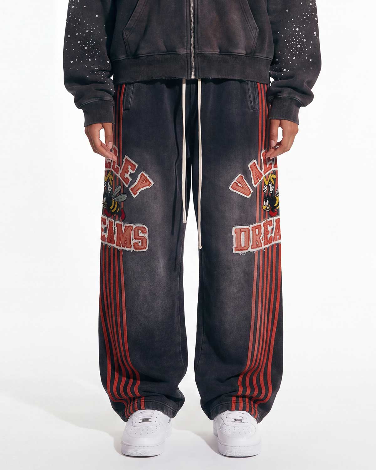Vale Forever Black Cartoon Logo Striped Wide Leg Sweatpants