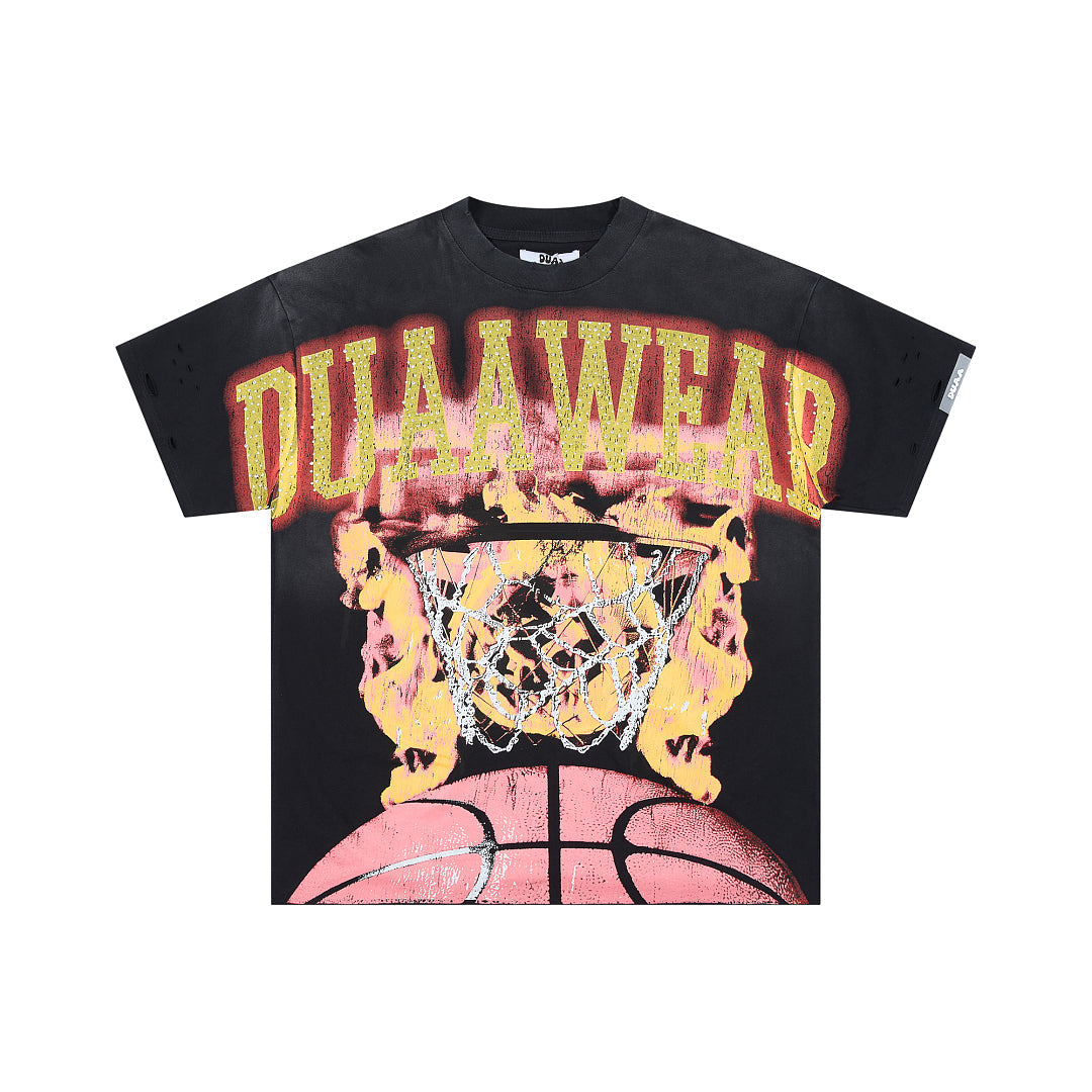DUAA WEAR FLAMING BASKETBALL RHINESTONE DISTRESSED T‑SHIRT